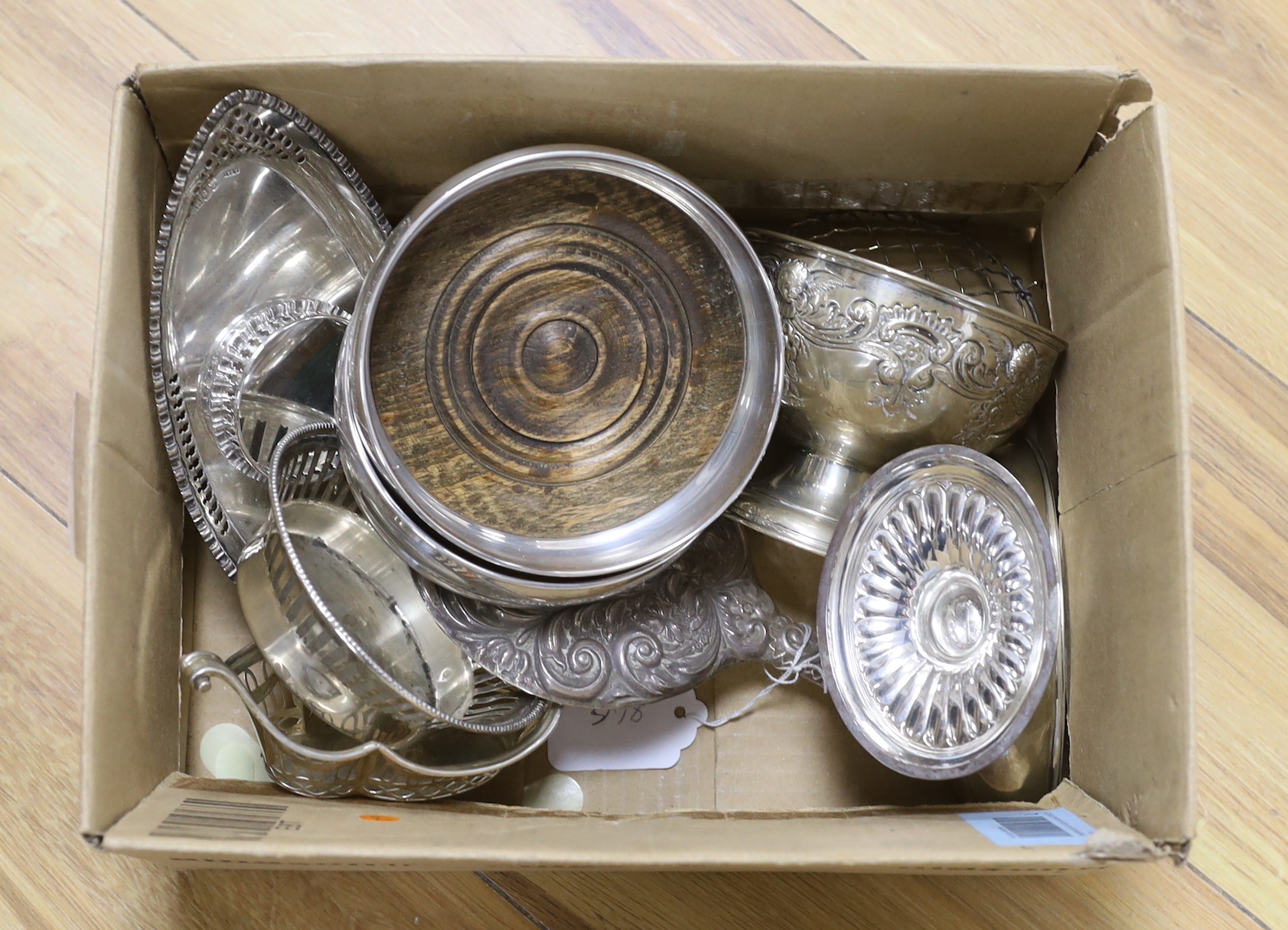 Sundry silver including inkstand base, three dishes and a bowl, an elliptical dish, a pair of modern coasters, a rose bowl and a silver mounted hand mirror, 17oz.